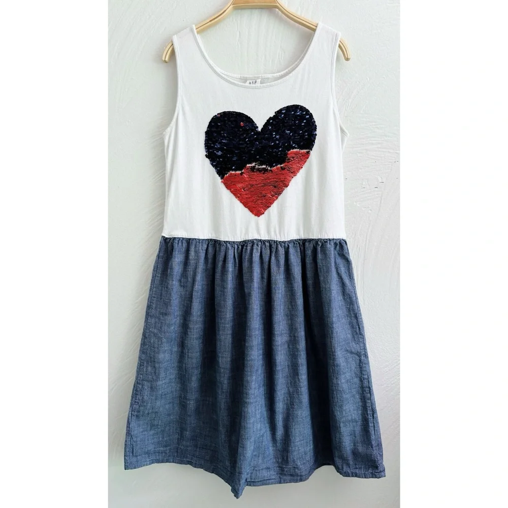 Gap Kids Girls Size 8 Sequin Heart Chambray Dress Flip Reversible Sequins